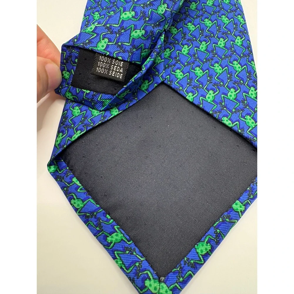 Eximious of London Mens Silk Tie Blue Green Frog Animal Print Made in Italy